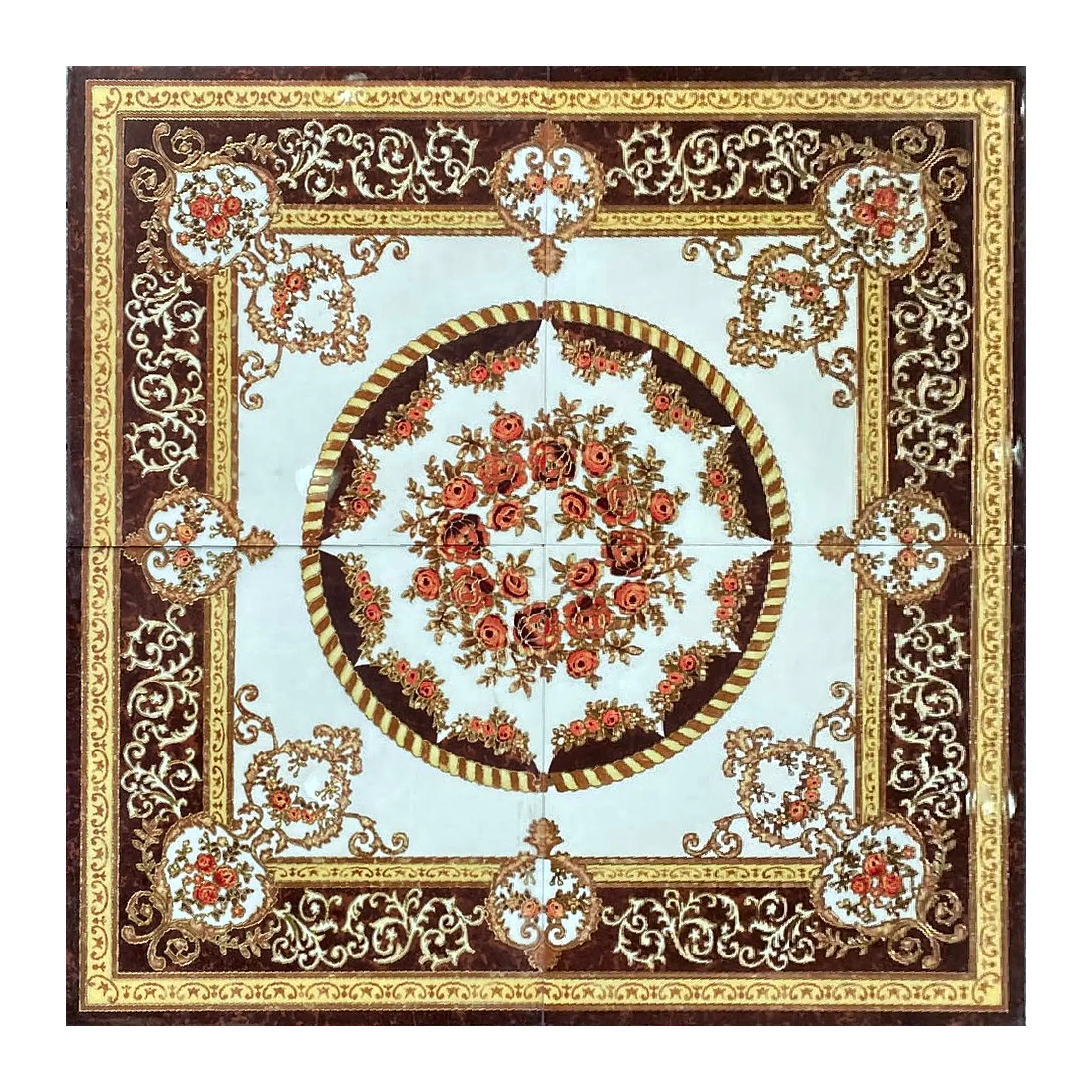 Bhub Baroque Floral Medallion Polished Porcelain Decorative Floor Tile 600x600mm - Burgundy & Antique Gold (4 pieces form 1200x1200mm carpet) Ceramic Floor Tile Burgundy & Antique Gold on Ivory Polished, 600x600 mm Piece of 4pcs