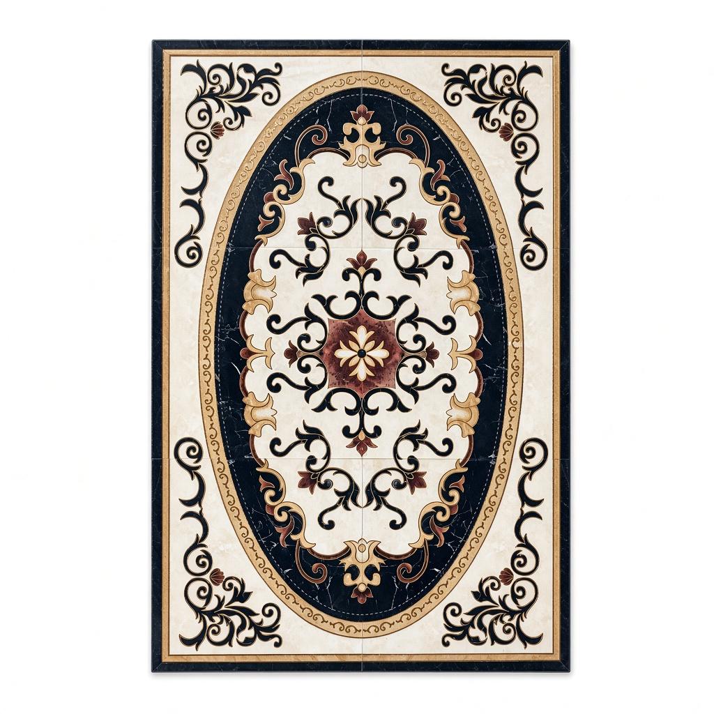 Bhub Oval Arabesque Medallion Polished Porcelain Decorative Floor Tile 800x800mm - Nero Marquina Black & Champagne Gold (6 pieces form 1600x2400mm carpet)